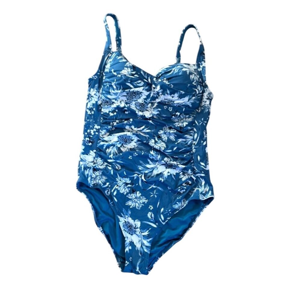 NipTuck Swimsuit Womens Size 8 Floral Blue One Piece With Ruched Detail